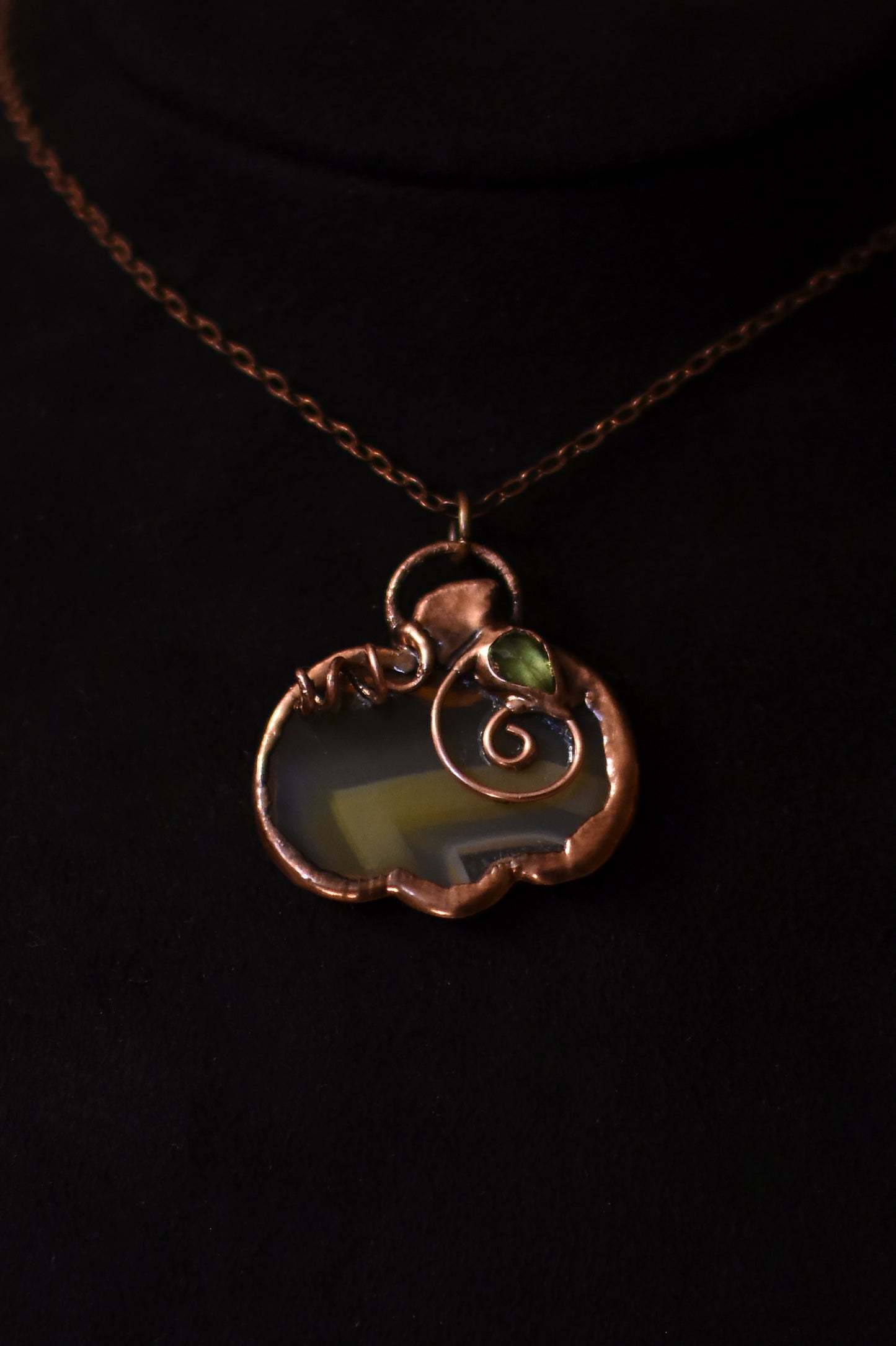 Iris Agate Pumpkin and Peridot Leaf Necklace