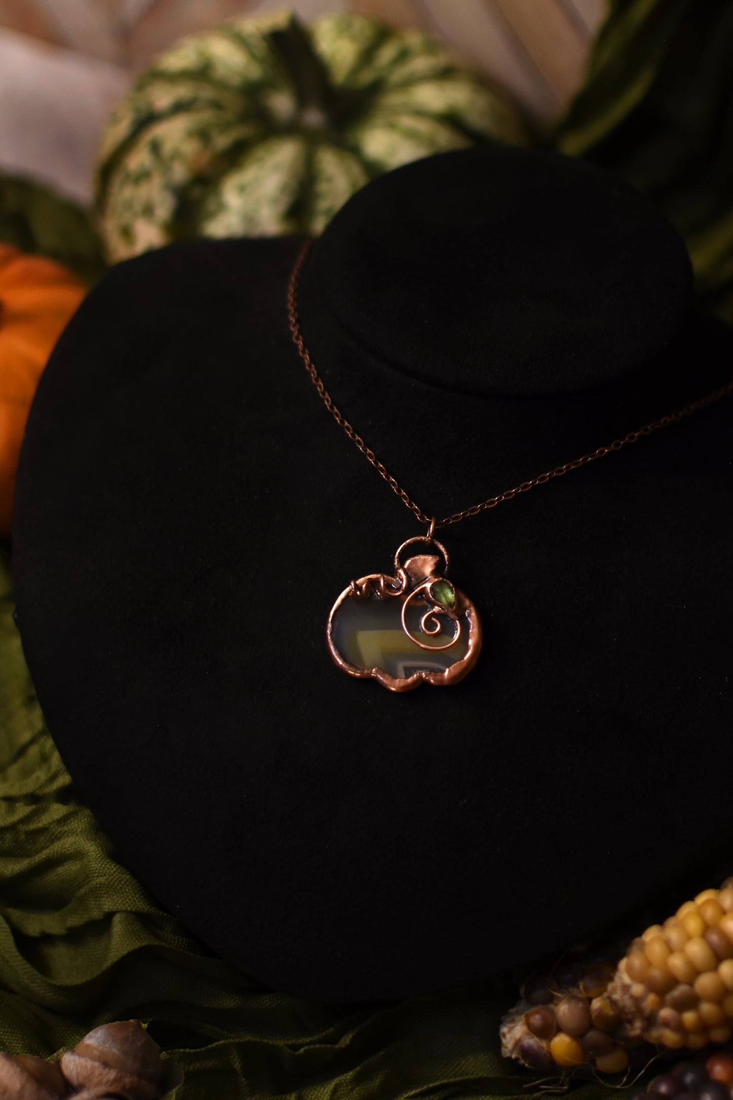 Iris Agate Pumpkin and Peridot Leaf Necklace