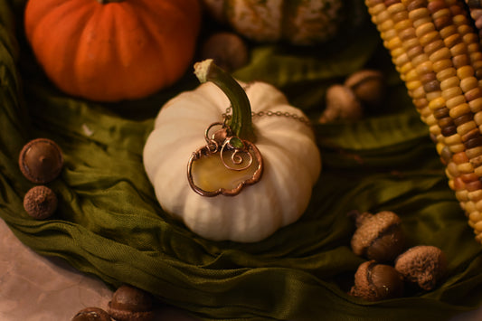 Iris Agate Pumpkin and Peridot Leaf Necklace