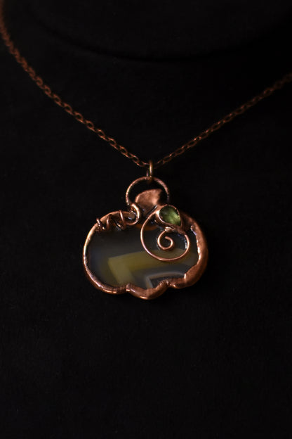 Iris Agate Pumpkin and Peridot Leaf Necklace
